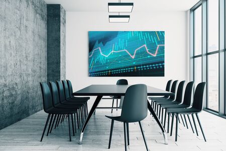 Conference room interior with financial chart on screen monitor on the wall. Stock market analysis concept. 3d rendering.の写真素材