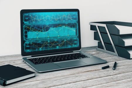 Laptop closeup with forex graph on computer screen. Financial trading and education concept. 3d rendering.の写真素材