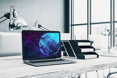 Cabinet desktop interior with world map on computer screen. Concept of international market and trading. 3d rendering.の写真素材