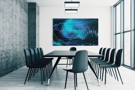 Conference room interior with financial chart on screen monitor on the wall. Stock market analysis concept. 3d rendering.の写真素材