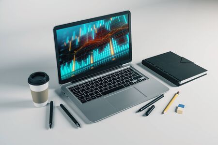 Laptop closeup with forex graph on computer screen. Financial trading and education concept. 3d rendering.の写真素材