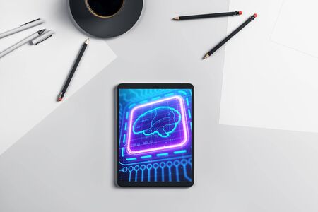 Digital tablet closeup with brain drawing on screen. Data technology concept. 3d rendering.の写真素材