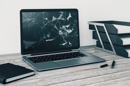 Laptop closeup with abstract tech drawing on computer screen. Technology innovation concept. 3d rendering.の写真素材