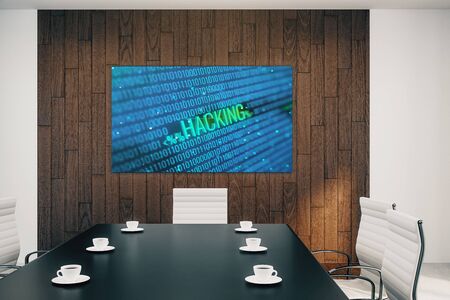 Conference room interior with hacking picture on screen monitor on the wall. Data safety concept. 3d rendering.の写真素材