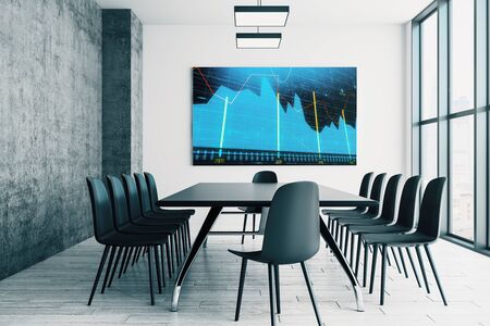 Conference room interior with financial chart on screen monitor on the wall. Stock market analysis concept. 3d rendering.の写真素材
