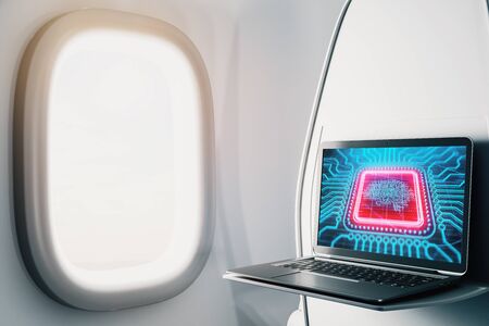 Laptop closeup inside airplane with brain drawing pic on screen. Data analysis and ai concept. 3d rendering.の写真素材