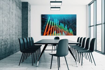 Conference room interior with financial chart on screen monitor on the wall. Stock market analysis concept. 3d rendering.の写真素材