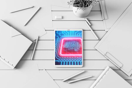 Digital tablet closeup with brain drawing on screen. Data technology concept. 3d rendering.の写真素材