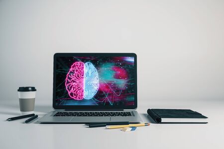 Laptop closeup with brain drawing on computer screen. Big data concept. 3d rendering.の写真素材