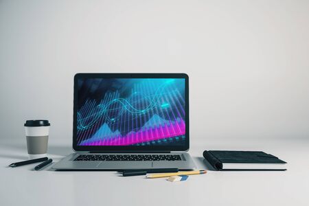 Laptop closeup with forex graph on computer screen. Financial trading and education concept. 3d rendering.の写真素材