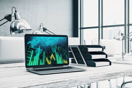 Cabinet desktop interior with financial charts and world map on computer screen. Concept of international market analysis and trading. 3d rendering.の写真素材