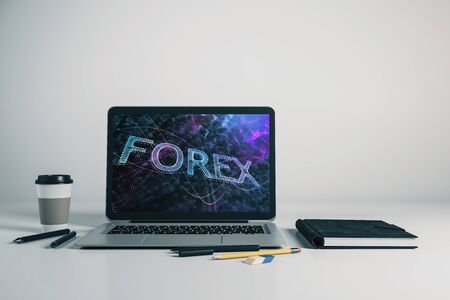 Laptop closeup with forex graph on computer screen. Financial trading and education concept. 3d rendering.の写真素材
