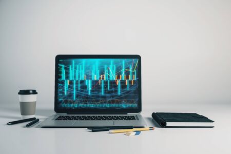 Laptop closeup with forex graph on computer screen. Financial trading and education concept. 3d rendering.の写真素材