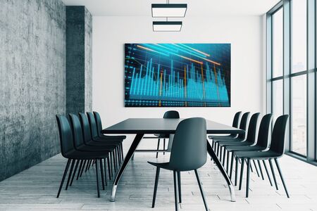 Conference room interior with financial chart on screen monitor on the wall. Stock market analysis concept. 3d rendering.の写真素材