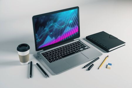 Laptop closeup with forex graph on computer screen. Financial trading and education concept. 3d rendering.の写真素材