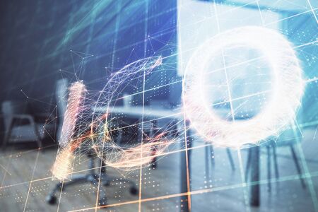 Bitcoin sign hologram with minimalistic cabinet background. Double exposure. Cryptocurrency concept.の写真素材