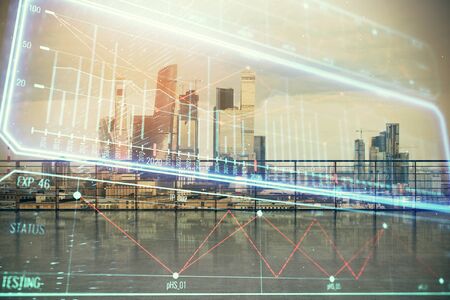 Business theme hologram with city view from roof top background. Double exposure.の写真素材