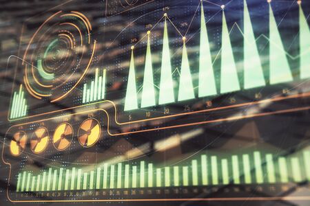 Business theme hologram with abstract background. Multi exposure. Success concept.の写真素材