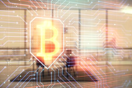 Bitcoin sign hologram with minimalistic cabinet background. Double exposure. Cryptocurrency concept.の写真素材
