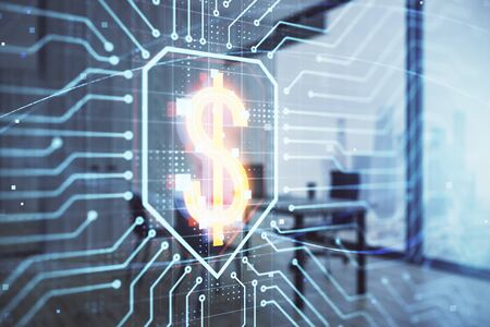 Business theme hologram with minimalistic cabinet background. Double exposure.の写真素材