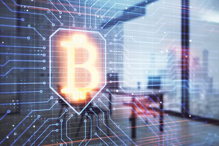 Bitcoin sign hologram with minimalistic cabinet background. Double exposure. Cryptocurrency concept.の写真素材