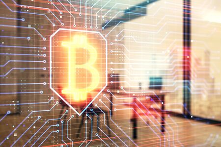 Bitcoin sign hologram with minimalistic cabinet background. Double exposure. Cryptocurrency concept.の写真素材