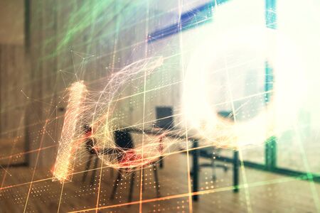 Bitcoin sign hologram with minimalistic cabinet background. Double exposure. Cryptocurrency concept.の写真素材