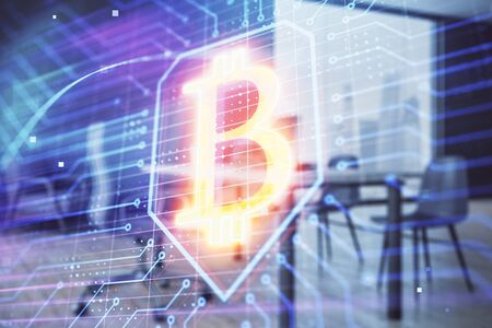 Bitcoin sign hologram with minimalistic cabinet background. Double exposure. Cryptocurrency concept.の写真素材