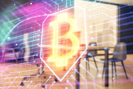 Bitcoin sign hologram with minimalistic cabinet background. Double exposure. Cryptocurrency concept.の写真素材