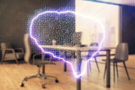 Brain sign hologram with minimalistic cabinet background. Double exposure. Ai concept.の写真素材