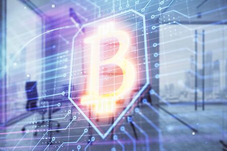 Bitcoin sign hologram with minimalistic cabinet background. Double exposure. Cryptocurrency concept.の写真素材