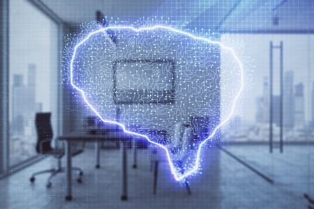 Brain sign hologram with minimalistic cabinet background. Double exposure. Ai concept.の写真素材
