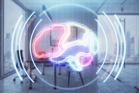 Brain sign hologram with minimalistic cabinet background. Double exposure. Ai concept.の写真素材