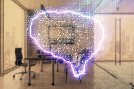 Brain sign hologram with minimalistic cabinet background. Double exposure. Ai concept.の写真素材