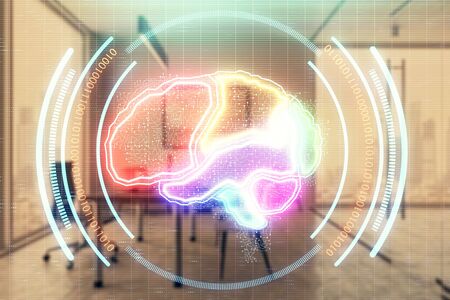 Brain sign hologram with minimalistic cabinet background. Double exposure. Ai concept.の写真素材