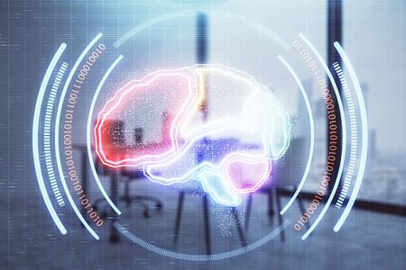 Brain sign hologram with minimalistic cabinet background. Double exposure. Ai concept.の写真素材