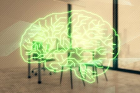 Brain sign hologram with minimalistic cabinet background. Double exposure. Ai concept.の写真素材