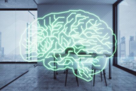 Brain sign hologram with minimalistic cabinet background. Double exposure. Ai concept.の写真素材