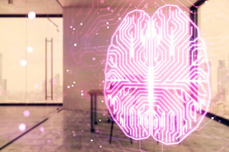 Brain sign hologram with minimalistic cabinet background. Double exposure. Ai concept.の写真素材