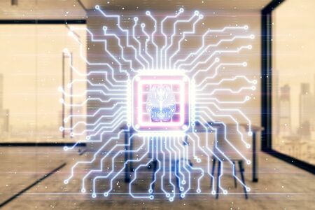 Brain sign hologram with minimalistic cabinet background. Double exposure. Ai concept.の写真素材
