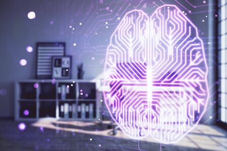 Brain sign hologram with minimalistic cabinet background. Double exposure. Ai concept.の写真素材
