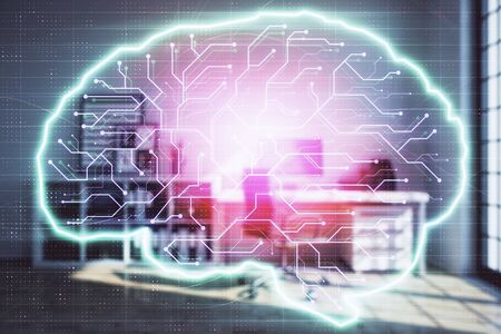Brain sign hologram with minimalistic cabinet background. Double exposure. Ai concept.の写真素材
