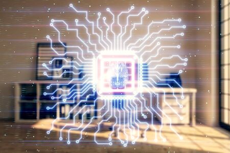 Brain sign hologram with minimalistic cabinet background. Double exposure. Ai concept.の写真素材