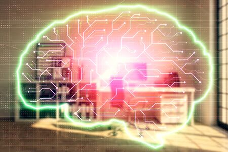 Brain sign hologram with minimalistic cabinet background. Double exposure. Ai concept.の写真素材