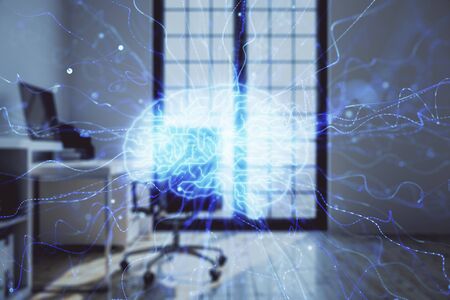 Brain sign hologram with minimalistic cabinet background. Double exposure. Ai concept.の写真素材