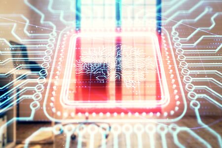 Brain sign hologram with minimalistic cabinet background. Double exposure. Ai concept.の写真素材