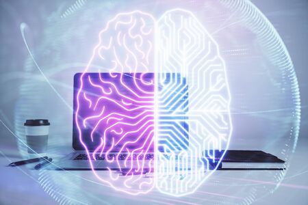 Brain sketch hologram with desktop office background. Double exposure. Brainstorm concept.の写真素材