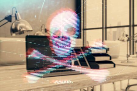 Hacking theme hologram with desktop office background. Double exposure.の写真素材