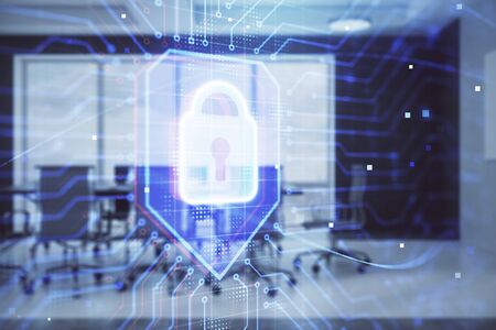 Double exposure of lock icon hologram on conference room background. Concept of cyber securityの写真素材