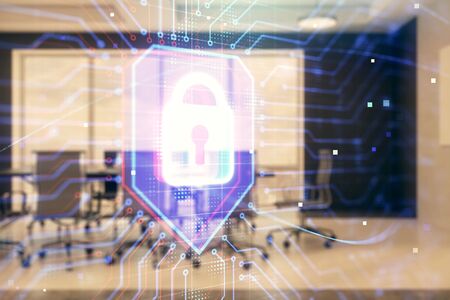 Double exposure of lock icon hologram on conference room background. Concept of cyber securityの写真素材